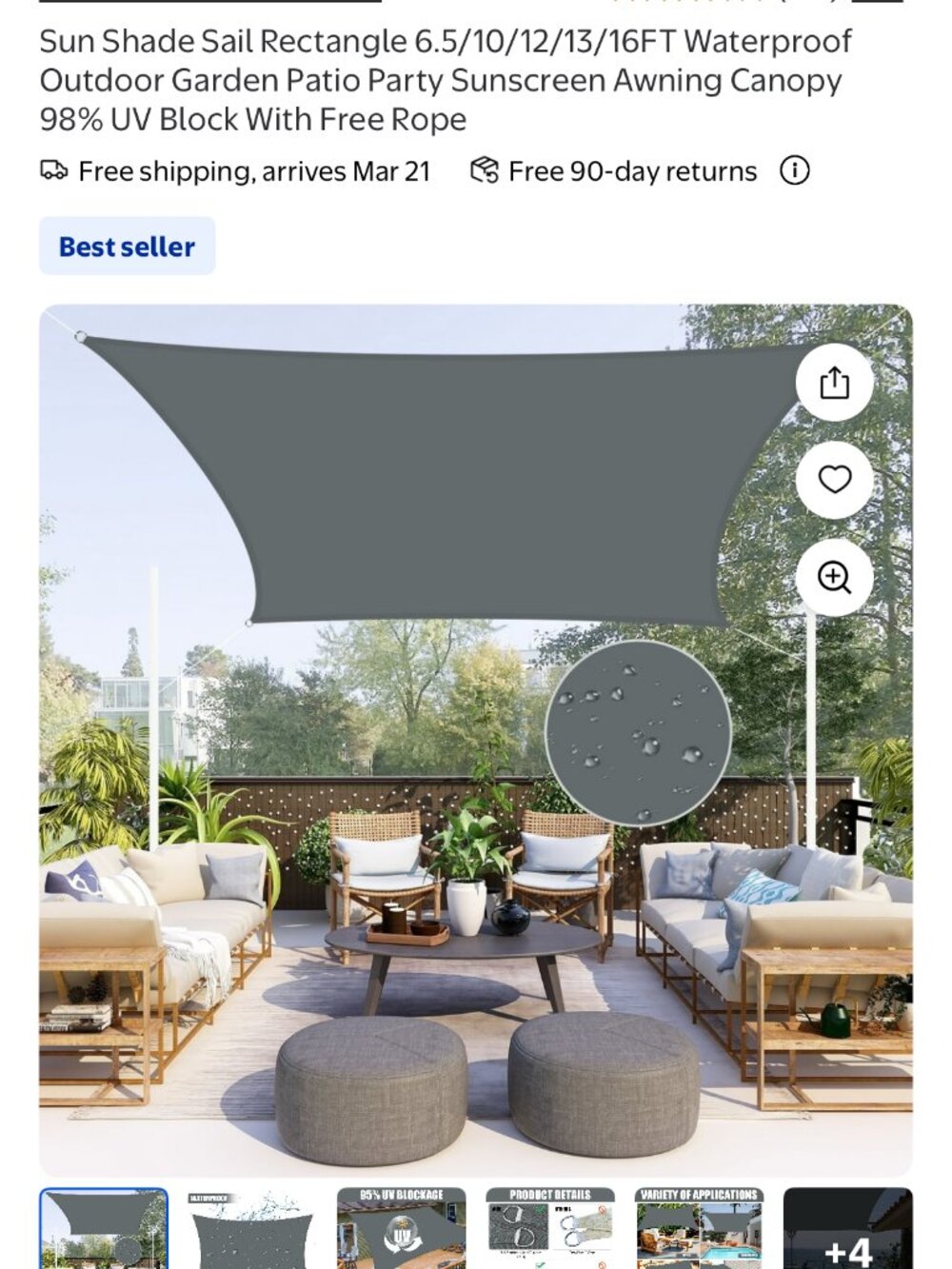 NEWEEN Rectangle Sun Shade Sail 6.5x13 ft Dark Gray Polyester Waterproof UV